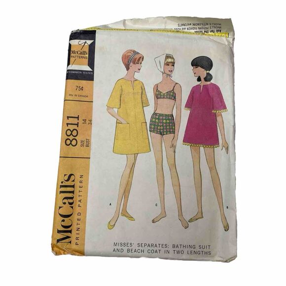 McCalls 8811 Size 12 Bust 32 Bikini Suit, Mod Dress, Tunic Dress, Caftan Dress - Picture 1 of 5